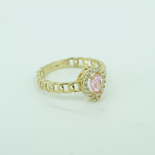 14KT Gold Ring Women's Pear Pink Center Stone with White CZ Stone Border Chino Band
