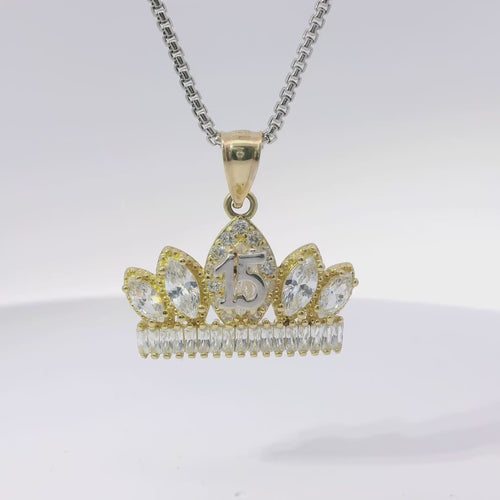 14KT Gold Charm Jumbo Two Tone Quincenaera "15" Center White Marquise Crown with White CZ Baguette Stones Band and Plain Bell