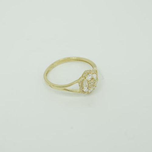 14KT Gold Ring Women's Flower Mini 6 White Oval Petals with Round White CZ Stones Center and White CZ Stone Leaf Outline Border and Plain Split Band