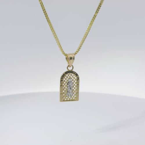 14KT Gold Charm Extra Small Two Tone Virgin Mary Stripe Lattice Square Archway and Plain Bell