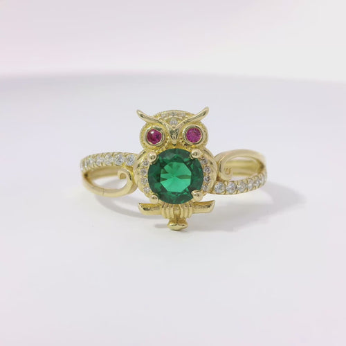 14KT Gold Ring Women's Owl Center with Green CZ Stone Belly, Red CZ Eyes, and White CZ Stone Split Band