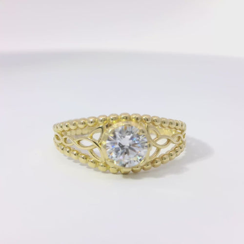14KT Gold Ring Women's Round White CZ Stone Center Eight Prong Open Abstract Flower Sides and Plain Bead Split Band