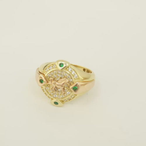 14KT Gold Ring Men's Round Two Tone Full Horse Center with White CZ Background and Border and CZ Green Stones on North, South, West, and East Border
