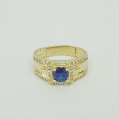 14KT Gold Ring Men's Square Blue Round CZ Center Stone with White CZ Stones Border and White CZ Stone Outer Borders of Plain Band