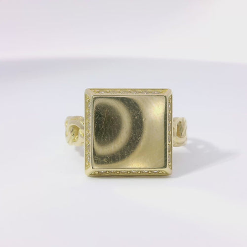 14KT Gold Ring Women's Engravable Square Center with White CZ Stones Edge and Chino Link Band