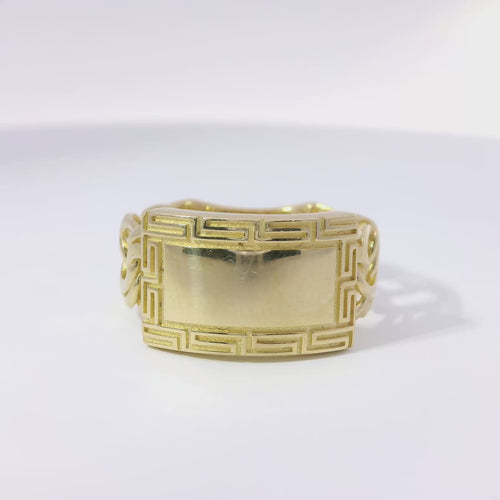 14KT Gold Ring Women's Mini Name Plate Greek Border Chino Band