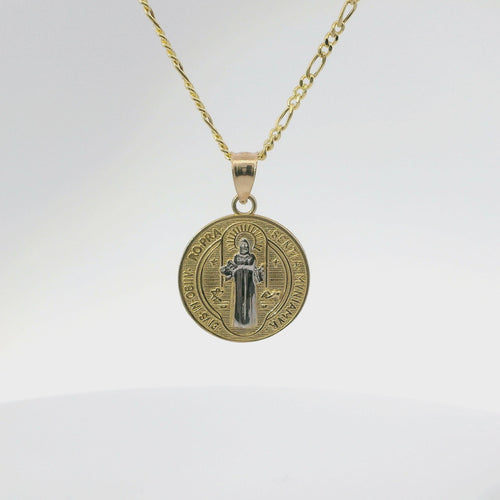 14KT Gold Charm Small Round Two Tone St Benedict Coin with Plain Bell