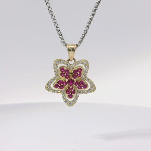 14KT Gold Charm Five Petal Dark Pink Flower with White CZ Stone Border and Plain Bell