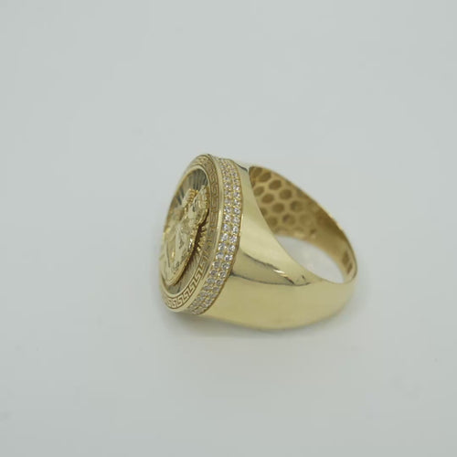 14KT Gold Ring Men's Round St Clare Greek Border Double Row White CZ Stones Outside Border Plain Band