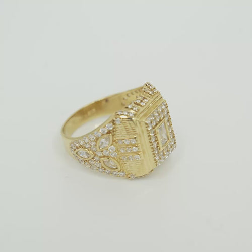 14KT Gold Ring Men's Rectangle Raised White CZ Center Stone Plain Border White CZ Stone Head Plain Border Shank Design Triple Row Stones Above Marquise Flower Shape Stones Plain Border CZ Stone Galaxy Pattern
