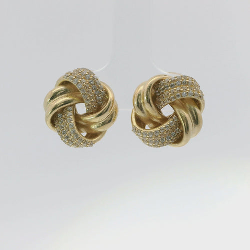 14KT Gold Earrings Medium Two White CZ Stones Strand Square Knot with Open Center, Push Back Post, and Butterfly Backs