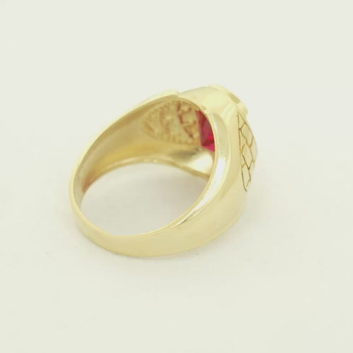 14KT Gold Ring Men's Oval Red Round CZ Stone Plain Border Side Design Brick Pattern