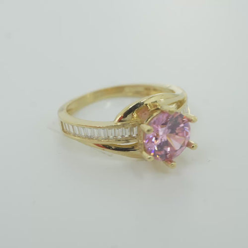 14KT Gold Ring Women's Round Pink CZ Center Stone and Single Row White CZ Baguettes with "S" Band