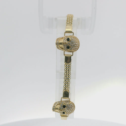 14KT Gold Bracelet Women's Three Charm White CZ Stones Skull with Black CZ Stones Eyes and White CZ Stone End Bizmark Link Lobster Clasp
