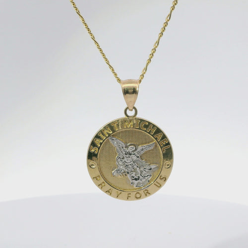 14KT Gold Charm Extra Large Two Tone St Michael Coin with "PRAY FOR US" Border and Plain Bell