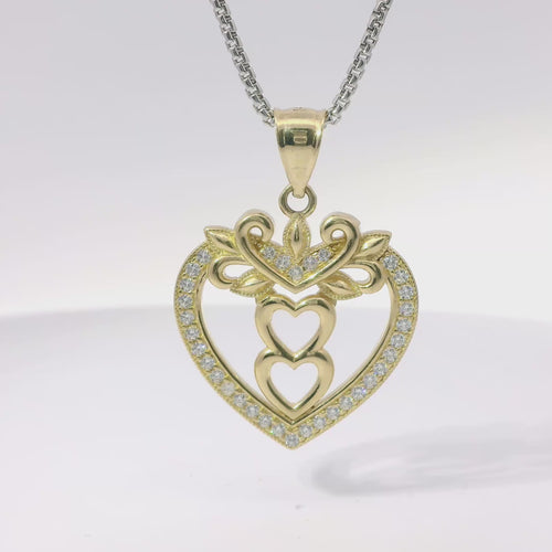 14KT Gold Charm Jumbo White CZ Stones Open Heart Outline with Two Plain Rose Gold Open Heart Center and Plain Bell