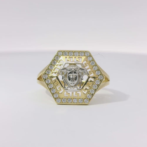 14KT Gold Ring Women's Two Tone Hexagon Medusa Head Greek Border Coin with White CZ Stone Background and Plain Band