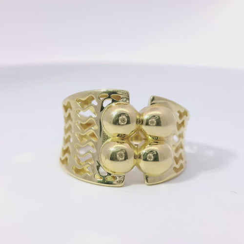 14KT Gold Ring Women's Abstract Square Bubble Dots Split Band Design Wavy Cutout Pattern Band
