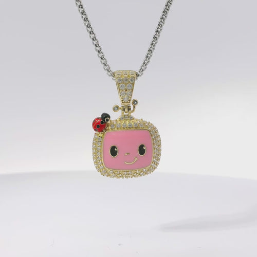 14KT Gold Charm Medium 3D Enamel CoCo Melon Face Flat Back with White CZ Stones Border and Bell