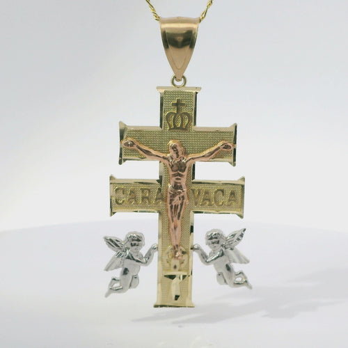 14KT Gold Charm Extra Large Tri Tone Caravaca Crucifix Cross with Plain Bell