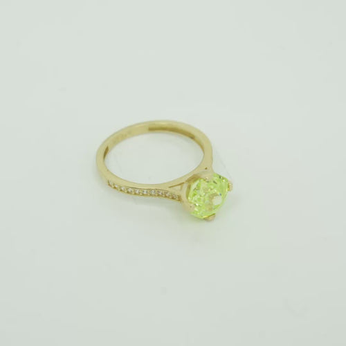 14KT Gold Women's Ring Octagon Rose Mini 4 Prong Lime Green CZ Center Stone with Round White Pave CZ Stone Band