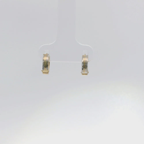 14KT Gold Earring Extra Small White CZ Stones Single Row Hoops with Two Tone Diamond Cut Scallop Edge on Back Huggie