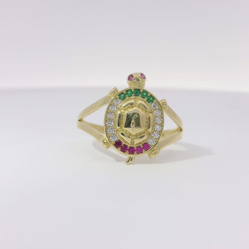 14KT Gold Ring Women's Mini White/Green/Red Mexico Flag CZ Stone Turtle Shell with Red CZ Eyes Plain Border and Plain Split Band