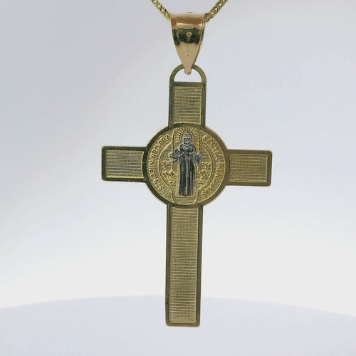 14KT Gold Charm Large Two Tone St Benedict Coin Center Cross with Plain Bell