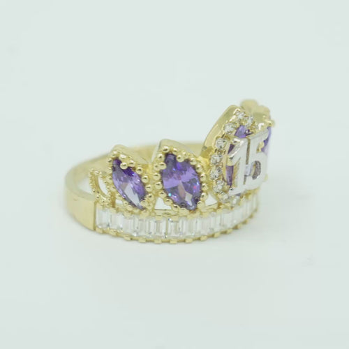 14KT Gold Ring Women's "15" Quinceanera Crown Purple CZ Stones with White Baguette CZ Stones Band
