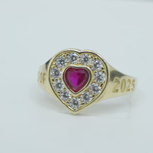 14KT Gold Ring Women's "Class of 2025" Red Center Heart CZ Stone White CZ Stones Border Plain Band