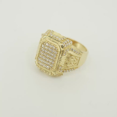 14KT Gold Ring Men's Rectangle Double Platform Seven Rows of Five White CZ Stone Cluster Center with Triple Row of Seven White CZ Stones on Edges Seven White CZ Stones Corners and Infinity Loop Knot on Sides
