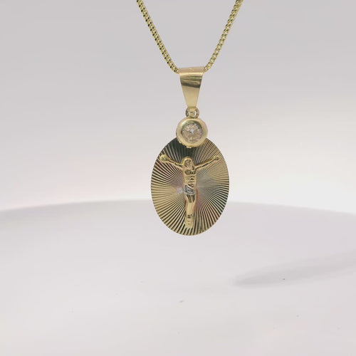 14KT Gold Charm Medium Tri Tone Round Sunray Crucifix Coin with White CZ Stone Top and Plain Bell