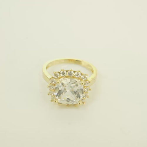14KT Gold Ring Women's Square Jumbo White Center CZ Stone with Round White CZ Stones Border and Plain Band