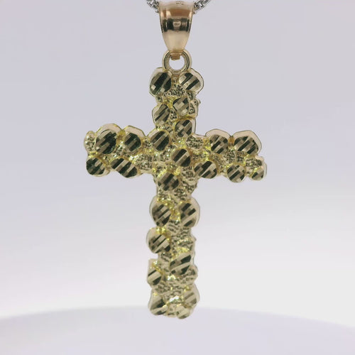 14KT Gold Charm Large Nugget Cross with Plain Bell