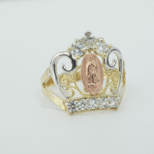 14KT Gold Ring Women's Oval Virgin Mary Tri Tone CZ White Stone Tiara with Plain Split Band