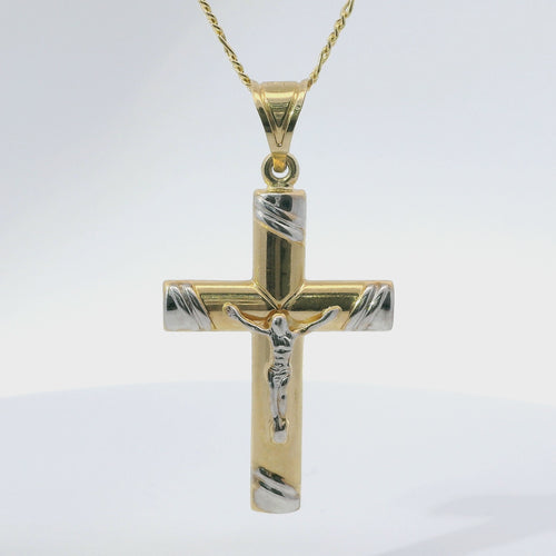 14KT Gold Charm Large Two Tone Crucifix Cross with White Gold Two Stripe Ends and Plain Bell