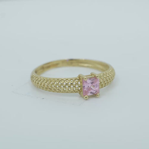 14KT Gold Ring Women's Pink Square Center CZ Honeycomb Cutout Band