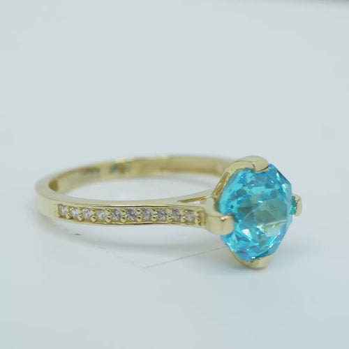 14KT Gold Ring Women's Octagon Rose Mini Four Prong Turquoise CZ Center Stone with Round White Pave CZ Stone Band