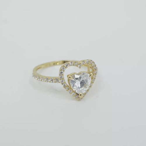 14KT Gold Ring Women's Open White CZ Heart Shape and Band with Smaller White Heart Shape CZ Center Stone