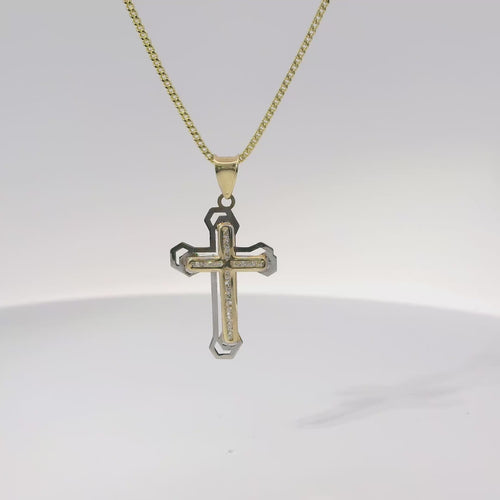 14KT Gold Charm Small White CZ Stones Cross Center with Open White Gold Shadow and Plain Bell