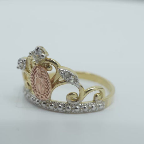14KT Gold Ring Women's Tri Tone Virgin Mary with Five White CZ Stone Tiara and Plain White Gold Band