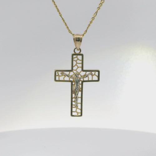 14KT Gold Charm Small Open Center Nugget Square Ends Crucifix Cross with Plain Bell