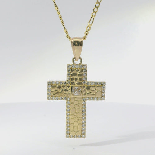 14KT Gold Charm Medium Nugget Cross with Square White CZ Stone Center, Round White CZ Stones Border, and Plain Bell