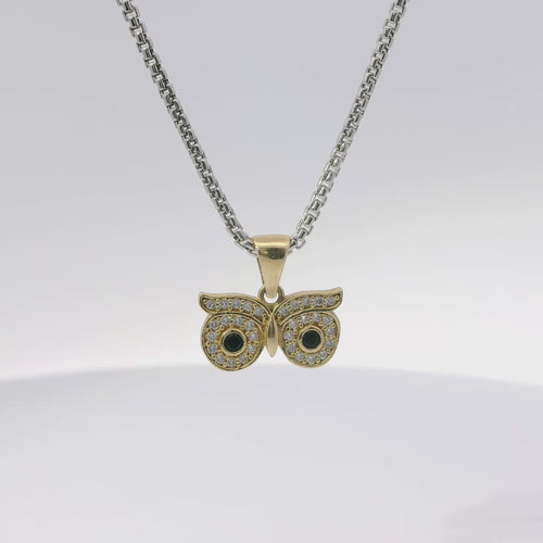 14KT Gold Charm Medium White CZ Stone Owl Eyes Outline with Black CZ Stone Eyes and Plain Bell