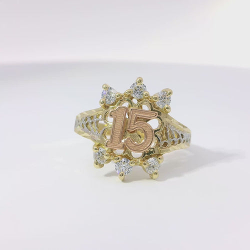 14KT Gold Ring Women's Quincenaera "15" Tri Tone Eight Petal Center Open Flower with Three Upper/Lower White CZ Stones Etched Split Band
