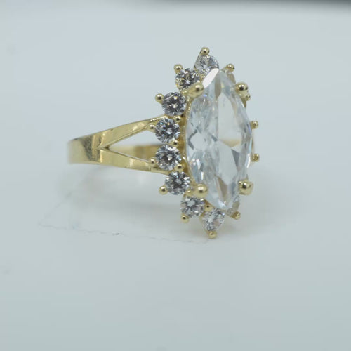 14KT Gold Ring Women's Jumbo White Marquise Center CZ with Round White CZ Stones Border and Plain Split Band