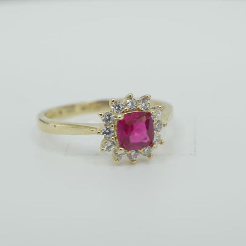 14KT Gold Ring Women's Flower Square Dark Pink Center with White CZ Stone Petals Border Plain Band