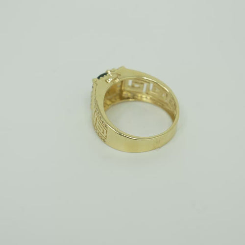 14KT Gold Ring Men's Square Green CZ Round Center Stone White CZ Stone Border Band Design Greek with Single Row White CZ Stones Border Plain Thread on Edge Border