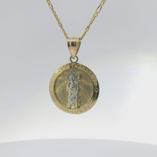 14KT Gold Charm Medium Two Tone St Jude Coin with "PRAY FOR US" Border and Plain Bell