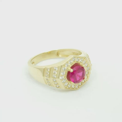 14KT Gold Ring Men's Octagon Red Round CZ Center Stone White CZ Stone Border Side Design Two Single Rows of Six White CZ Stones